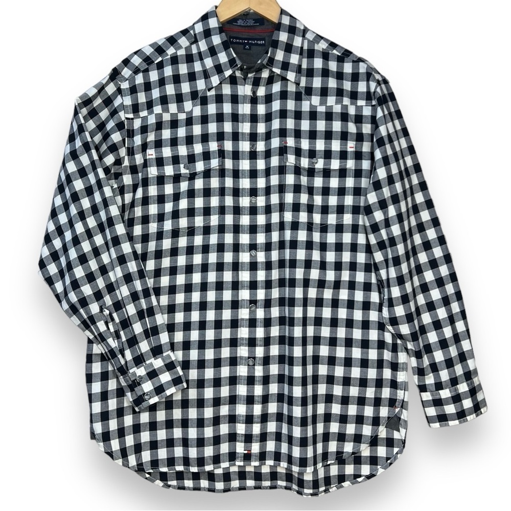 Tommy Hilfiger Western Shirt Men's M Pearl Snap Button Down Navy White Check
